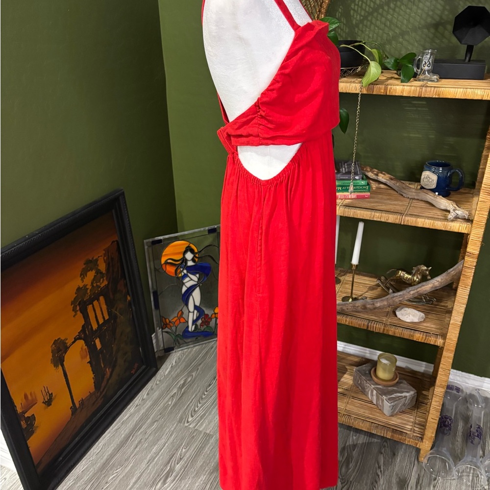 Red Linen Blend Side Cut Out Criss Cross Strap Midi Sleeveless Dress - Picture 3 of 4